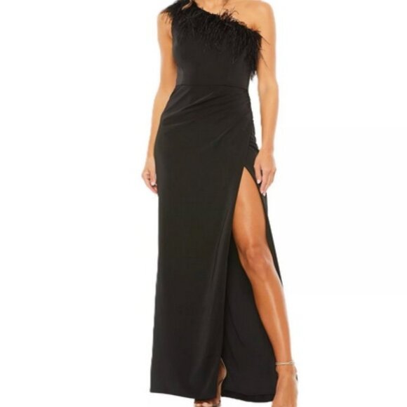 Mac Duggal Black Feather Trim One Shoulder Draped Side Slit Dress